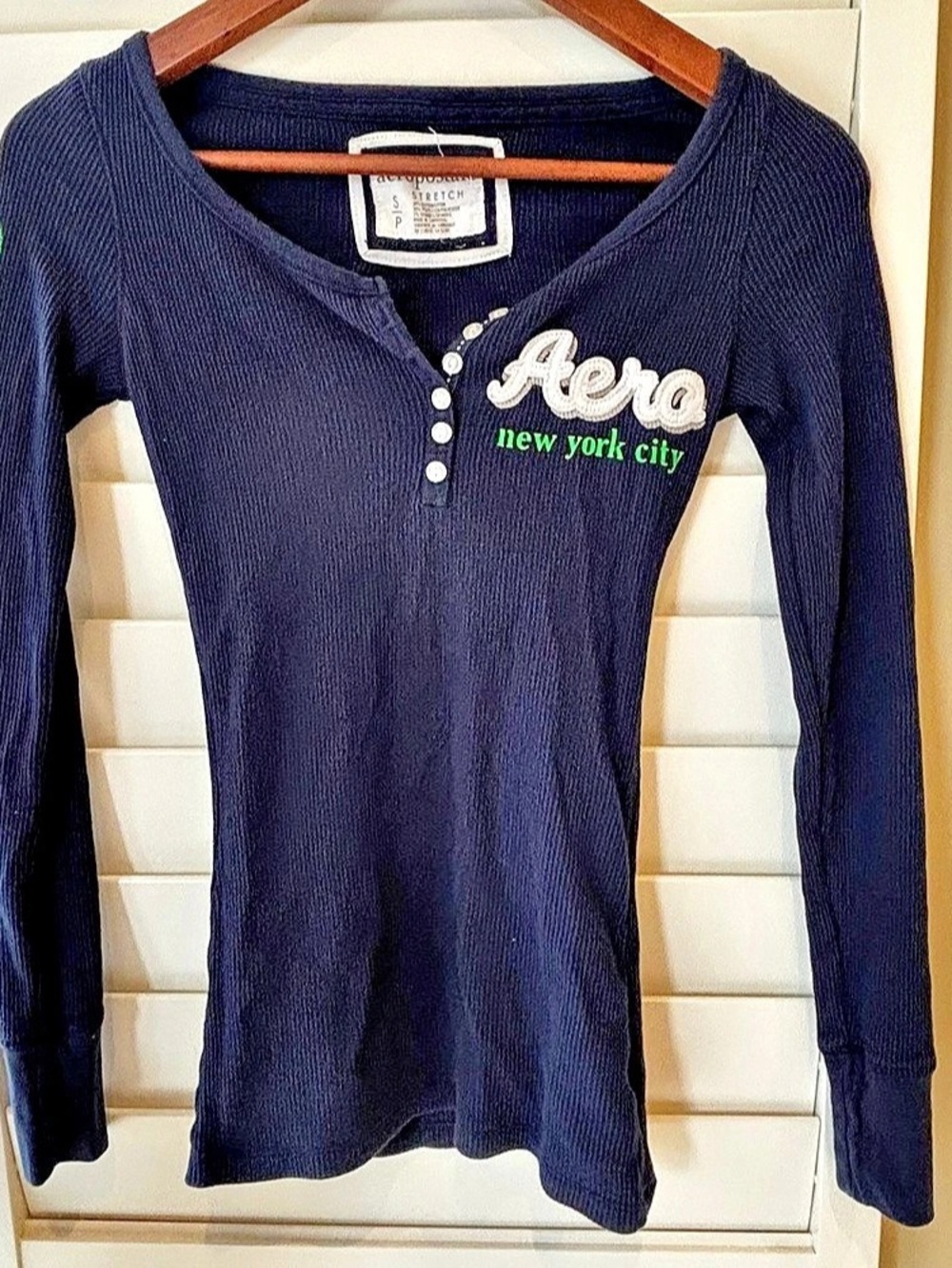 Aeropostale Navy Long Sleeve Henley Top with Green & White Logo